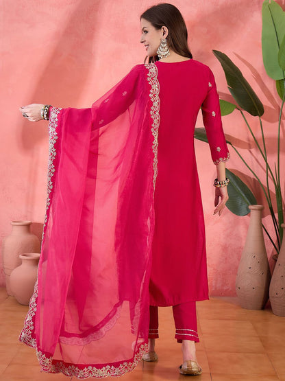 Dhiyona SN Women's Floral Embroidered Notch Neck Zari Straight Kurta With Trouser & Dupatta