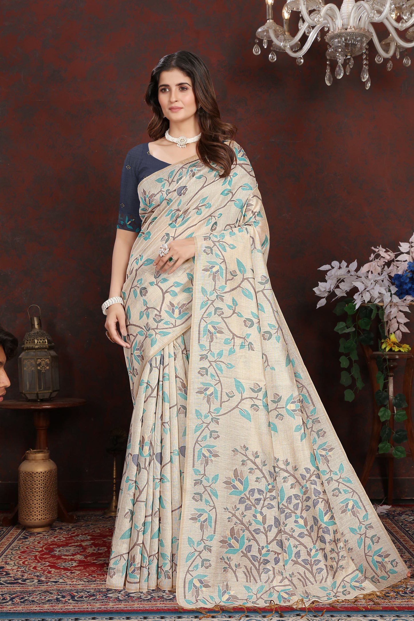 Dhiyona GR Women's Trisha Indigo Navy Pure Mul Cotton Jamdani Saree