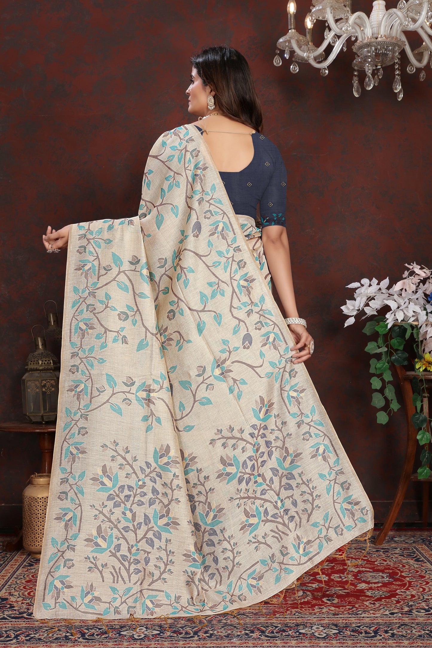 Dhiyona GR Women's Trisha Indigo Navy Pure Mul Cotton Jamdani Saree