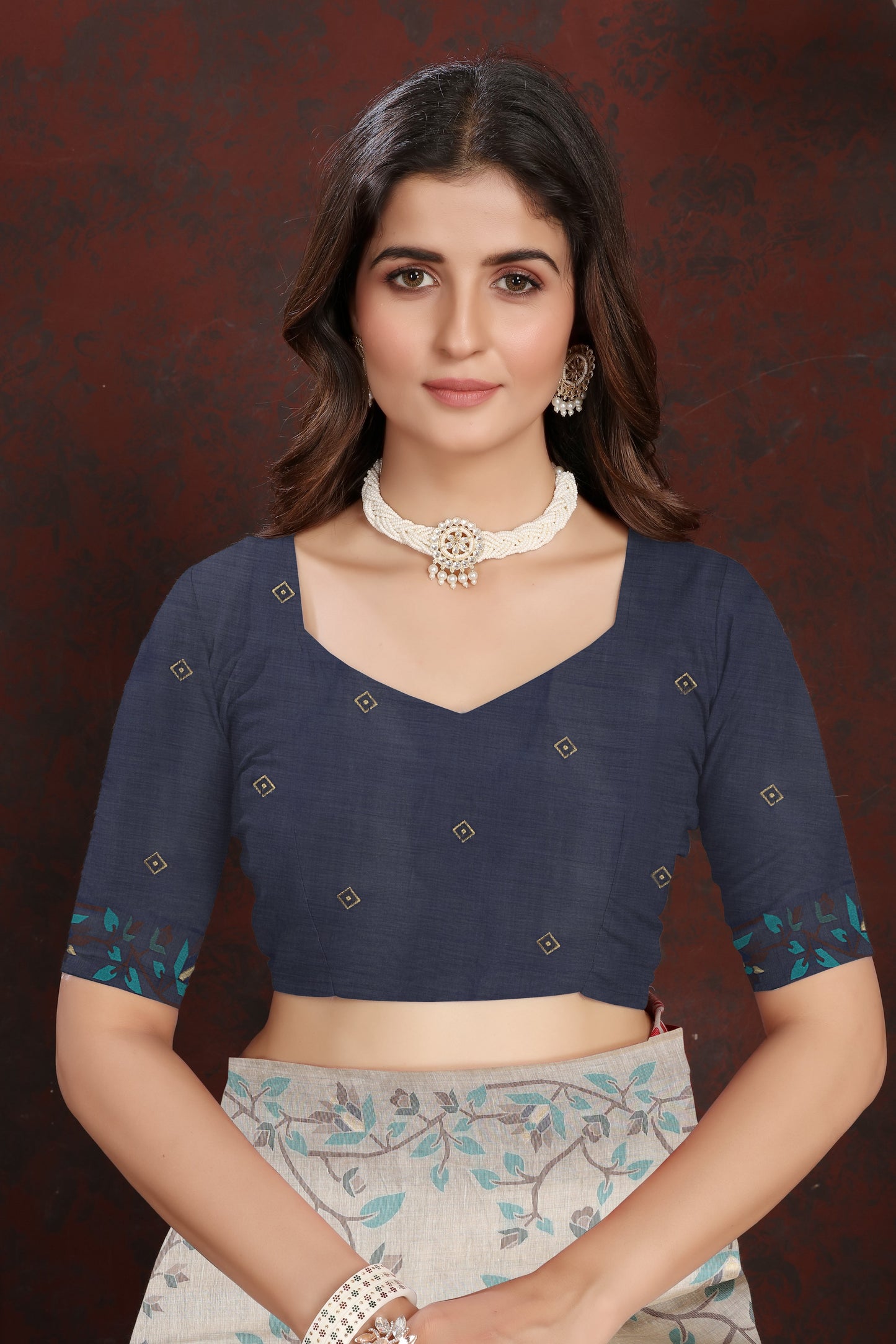 Dhiyona GR Women's Trisha Indigo Navy Pure Mul Cotton Jamdani Saree