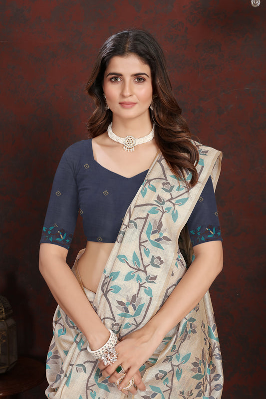 Dhiyona GR Women's Trisha Indigo Navy Pure Mul Cotton Jamdani Saree