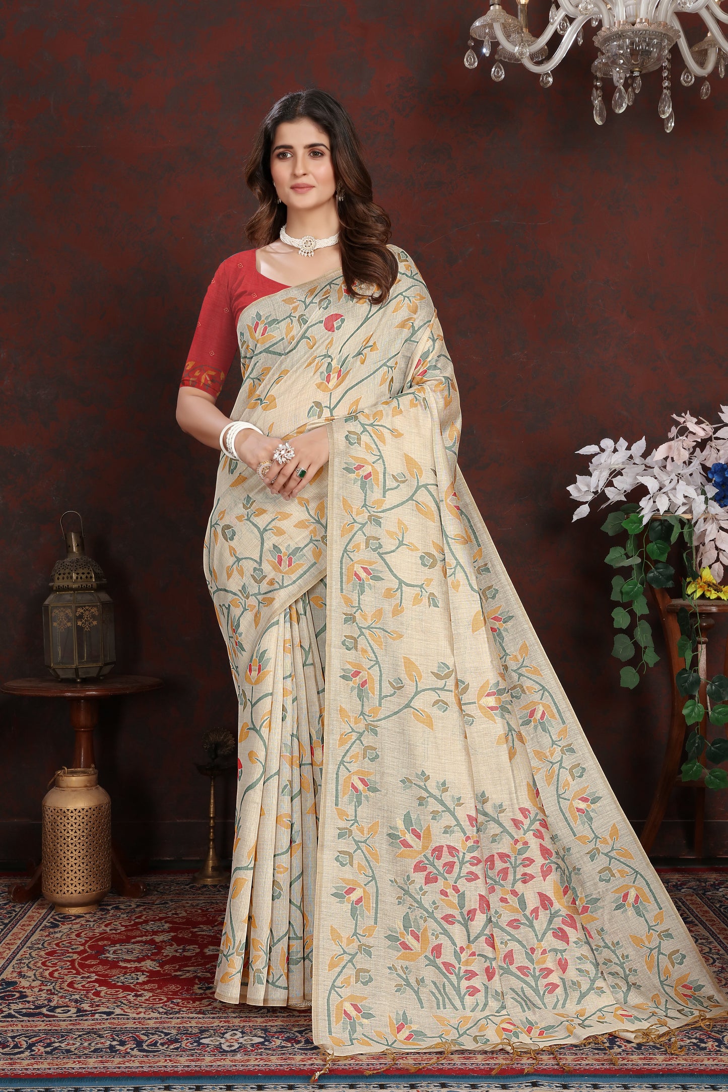 Dhiyona GR Women's Trisha Tomato Red Pure Mul Cotton Jamdani Saree