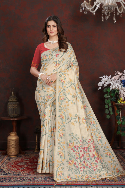 Dhiyona GR Women's Trisha Tomato Red Pure Mul Cotton Jamdani Saree