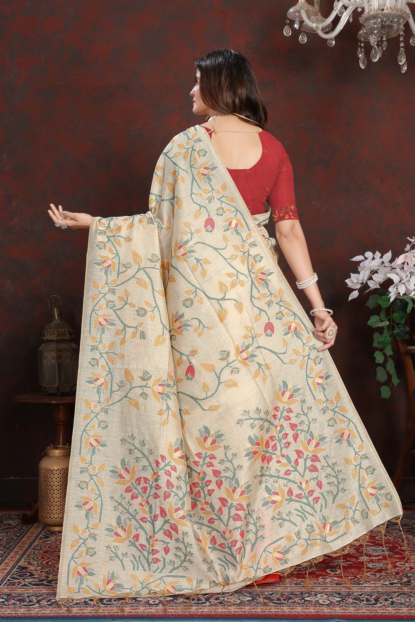 Dhiyona GR Women's Trisha Tomato Red Pure Mul Cotton Jamdani Saree