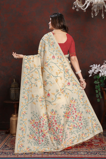 Dhiyona GR Women's Trisha Tomato Red Pure Mul Cotton Jamdani Saree