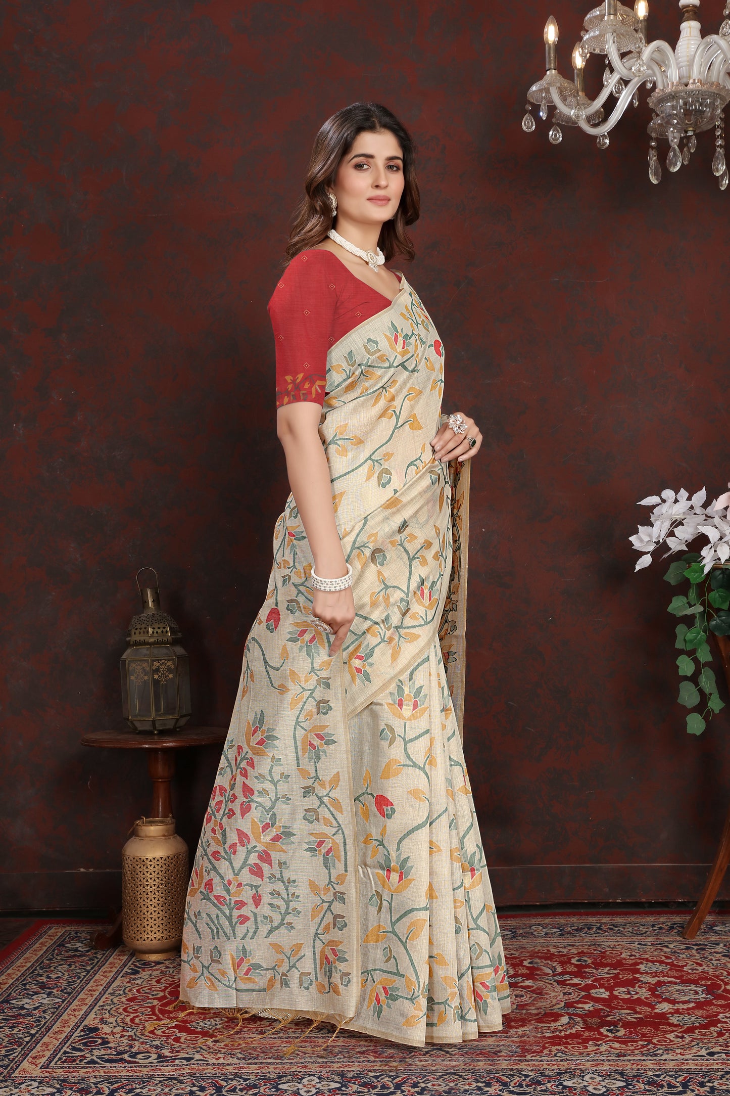 Dhiyona GR Women's Trisha Tomato Red Pure Mul Cotton Jamdani Saree