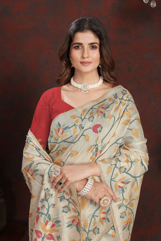 Dhiyona GR Women's Trisha Tomato Red Pure Mul Cotton Jamdani Saree