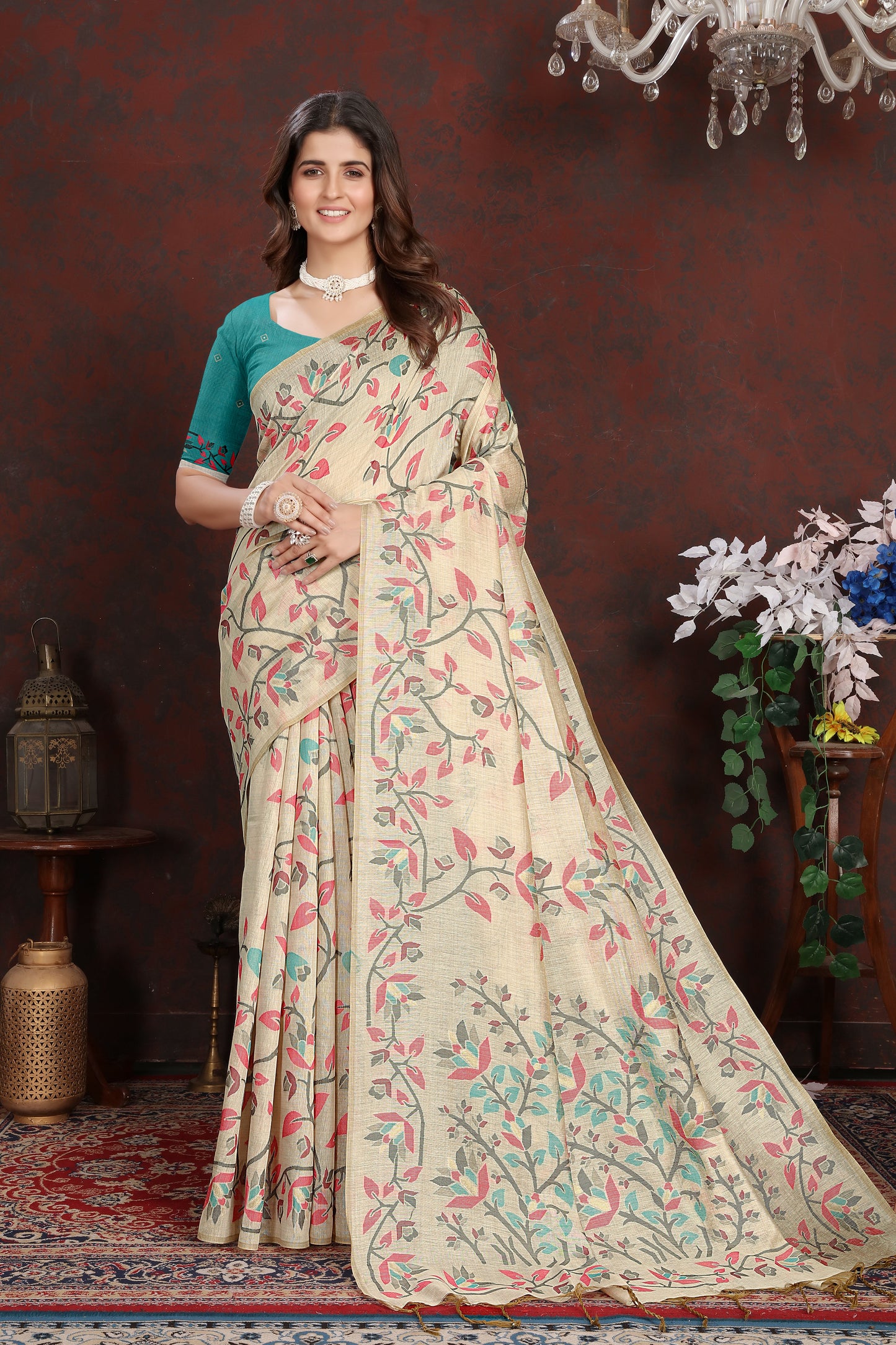 Dhiyona GR Women's Trisha Turquoise Pure Mul Cotton Jamdani Saree