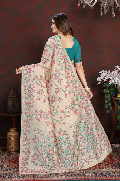 Dhiyona GR Women's Trisha Turquoise Pure Mul Cotton Jamdani Saree