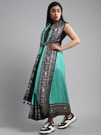 Women's Silk Blend Sea Green Woven Design Designer Saree With Blouse Piece