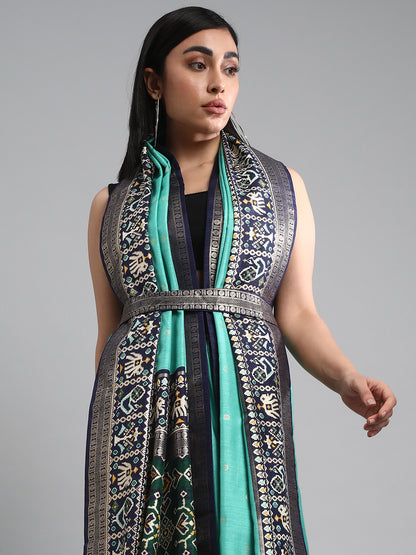 Women's Silk Blend Sea Green Woven Design Designer Saree With Blouse Piece