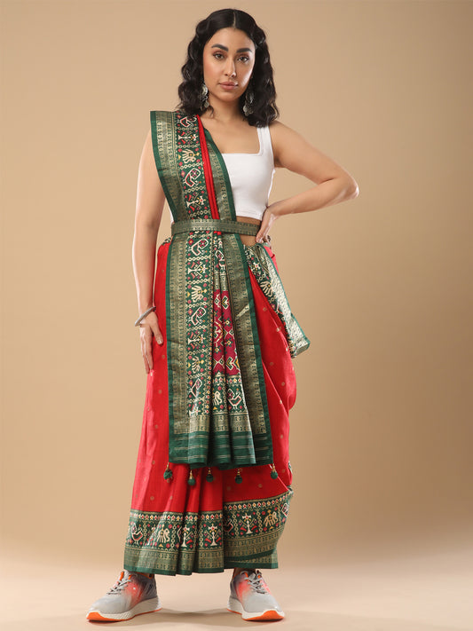 Women's Silk Blend Red Woven Design Designer Saree With Blouse Piece