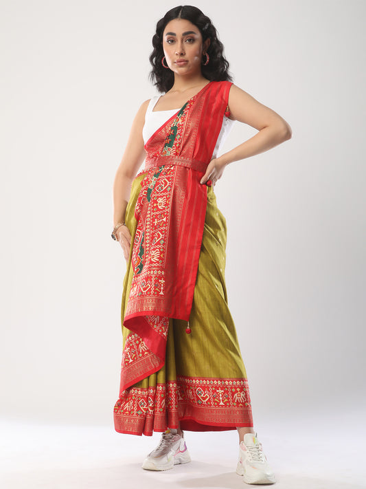Women's Silk Blend Olive Woven Design Designer Saree With Blouse Piece