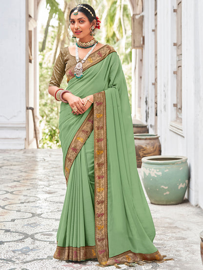 Women's Vichitra Silk Light Green Embellished Designer Saree With Blouse Piece