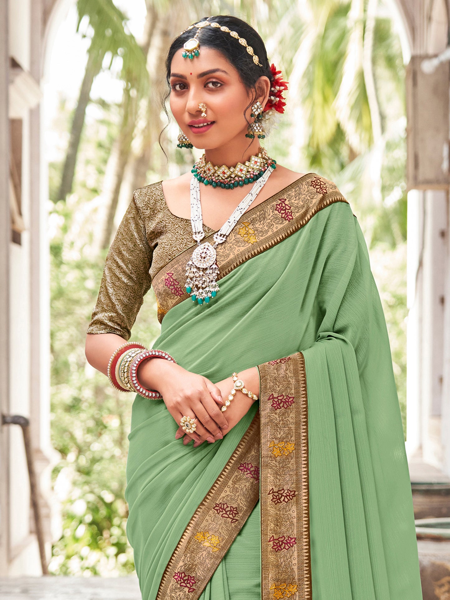 Women's Vichitra Silk Light Green Embellished Designer Saree With Blouse Piece