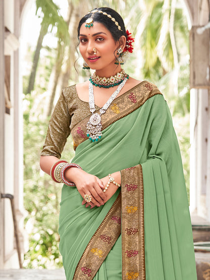 Women's Vichitra Silk Light Green Embellished Designer Saree With Blouse Piece