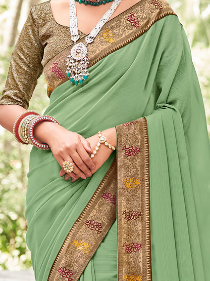 Women's Vichitra Silk Light Green Embellished Designer Saree With Blouse Piece