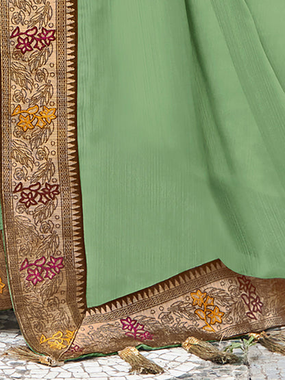 Women's Vichitra Silk Light Green Embellished Designer Saree With Blouse Piece