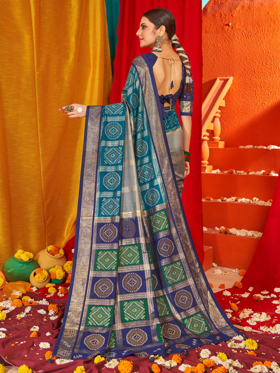 Women's Tussar Silk Navy Blue Woven Design Designer Saree With Blouse Piece