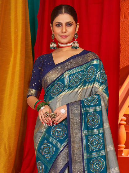 Women's Tussar Silk Navy Blue Woven Design Designer Saree With Blouse Piece