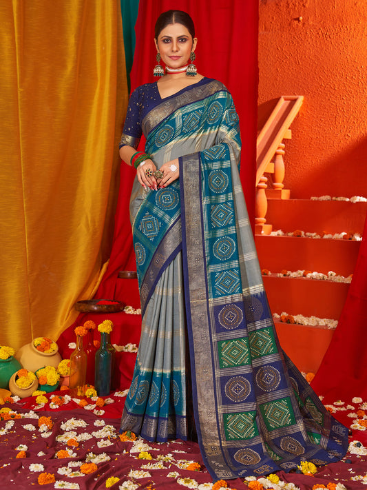 Women's Tussar Silk Navy Blue Woven Design Designer Saree With Blouse Piece