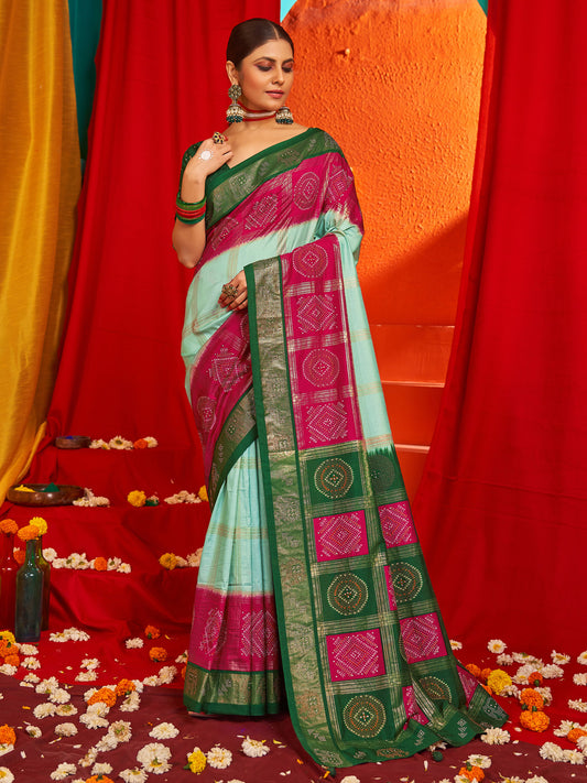 Women's Tussar Silk Green Woven Design Designer Saree With Blouse Piece