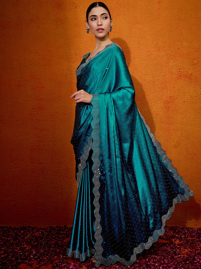 Women's Satin Silk Teal blue Embellished Designer Saree With Blouse Piece