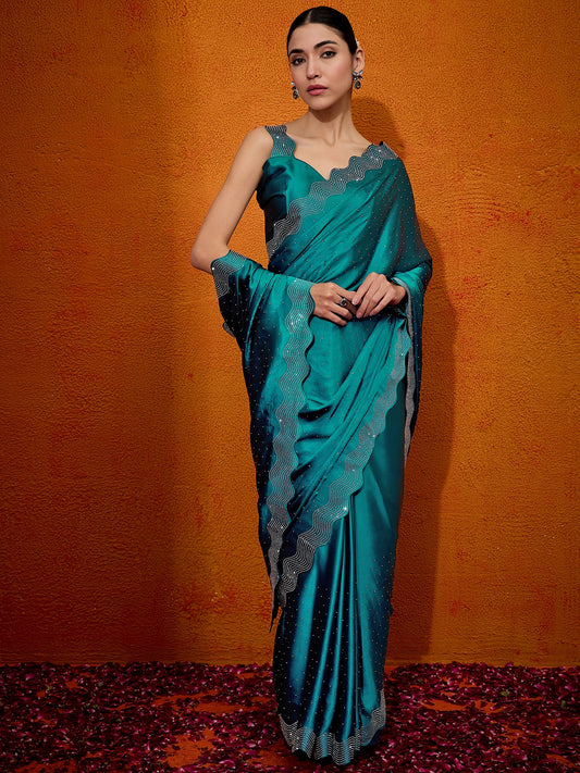 Women's Satin Silk Teal blue Embellished Designer Saree With Blouse Piece