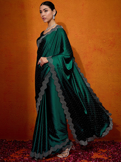 Women's Satin Silk Green Embellished Designer Saree With Blouse Piece
