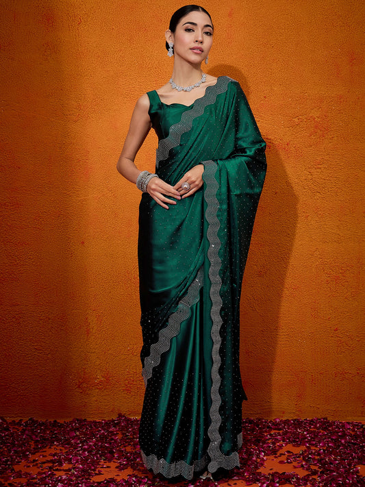 Women's Satin Silk Green Embellished Designer Saree With Blouse Piece