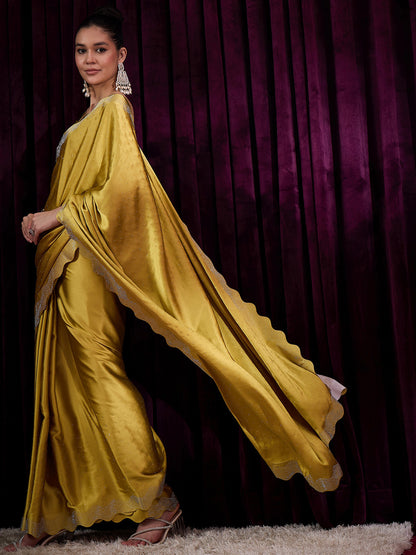 Women's Satin Silk Mustard Embellished Designer Saree With Blouse Piece