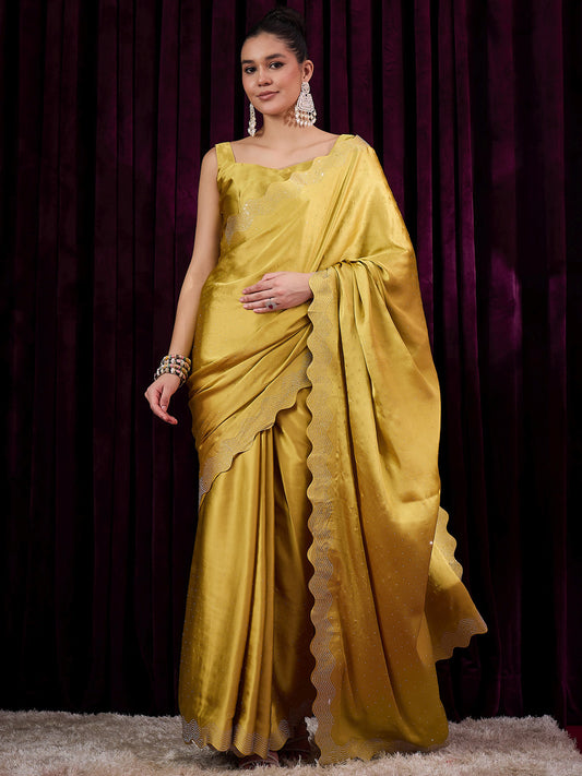 Women's Satin Silk Mustard Embellished Designer Saree With Blouse Piece