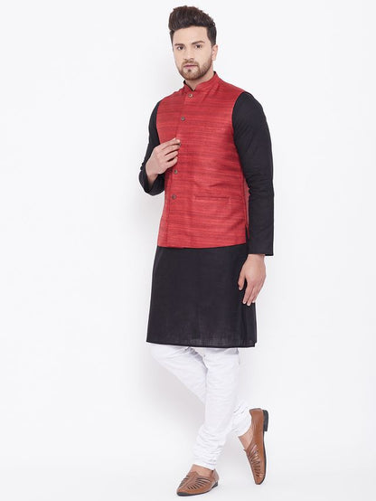 Men's Black Cotton Blend Straight Jacket  Kurta and Pyjama Set