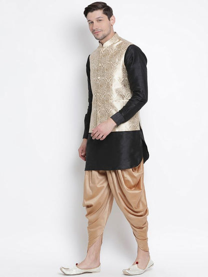 Men's Black Silk Blend Straight Jacket  Kurta and Dhoti Set