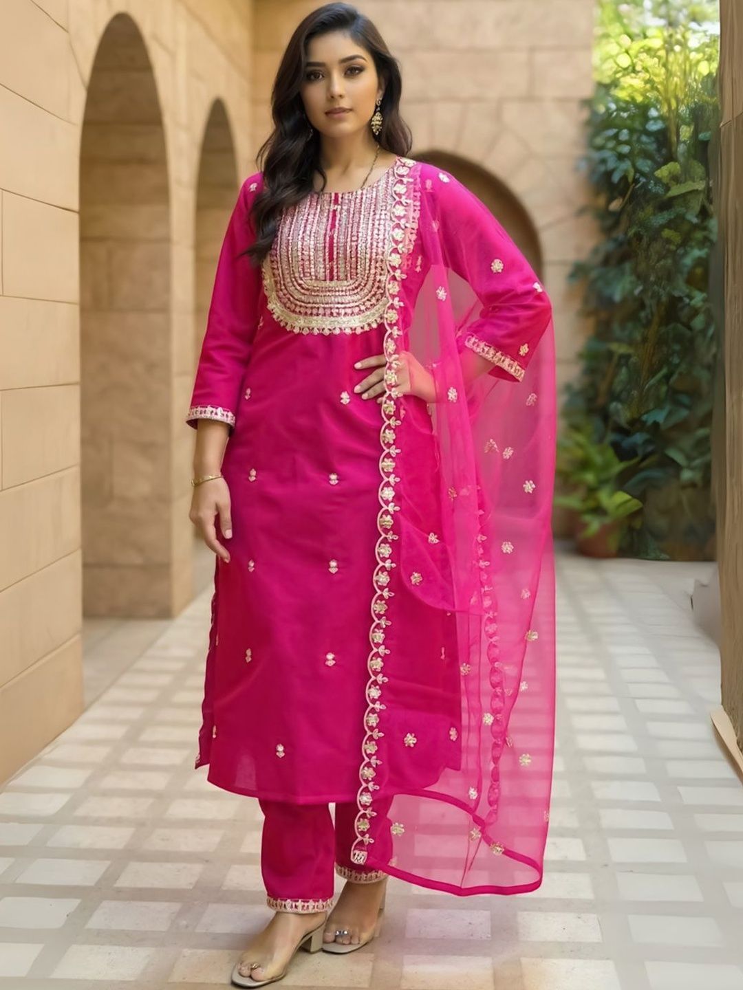 Ethnic Motifs Embroidered Kurta With Trouser & Dupatta