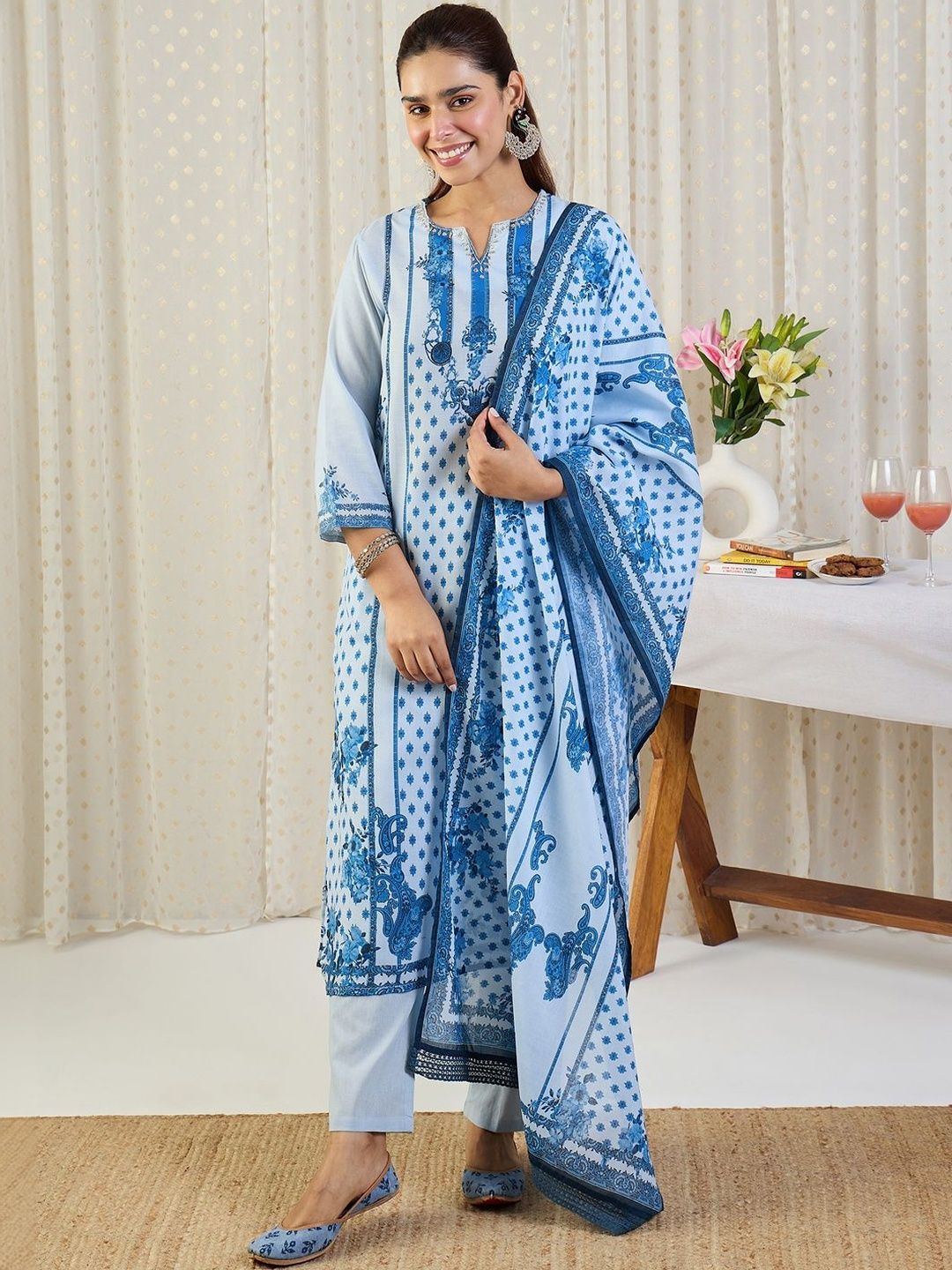 Dhiyona IE Women Ethnic Motifs Printed Regular Beads and Stones Pure Cotton Kurta with Trousers & With Dupatta