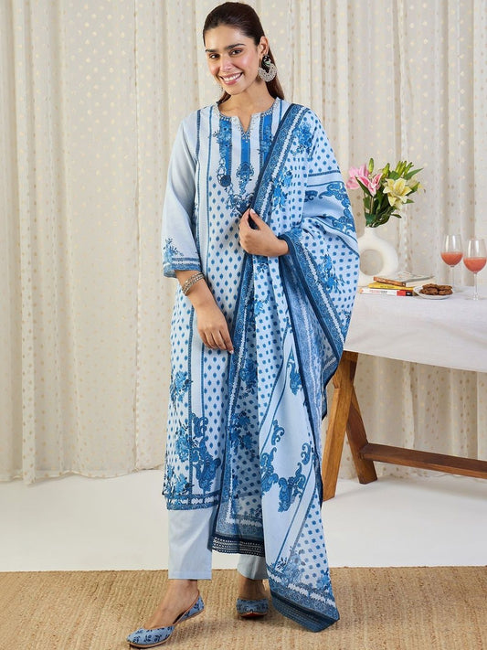 Women Ethnic Motifs Printed Regular Beads and Stones Pure Cotton Kurta with Trousers & With Dupatta