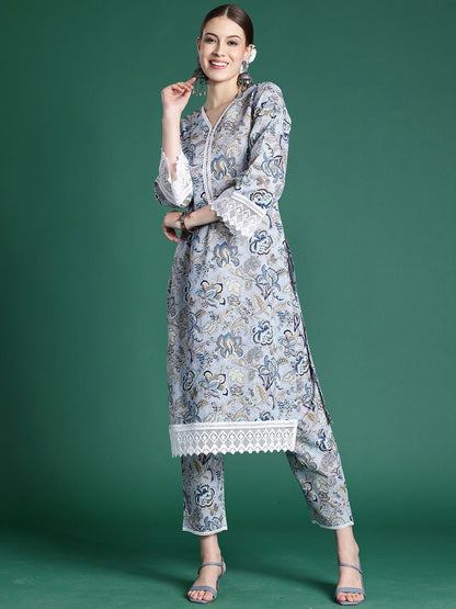 Dhiyona IE Women Floral Printed Regular Pure Cotton Kurta with Trousers