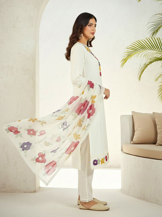 Dhiyona CH Women Floral Embroidered Regular Thread Work Kurta with Trousers & With Dupatta