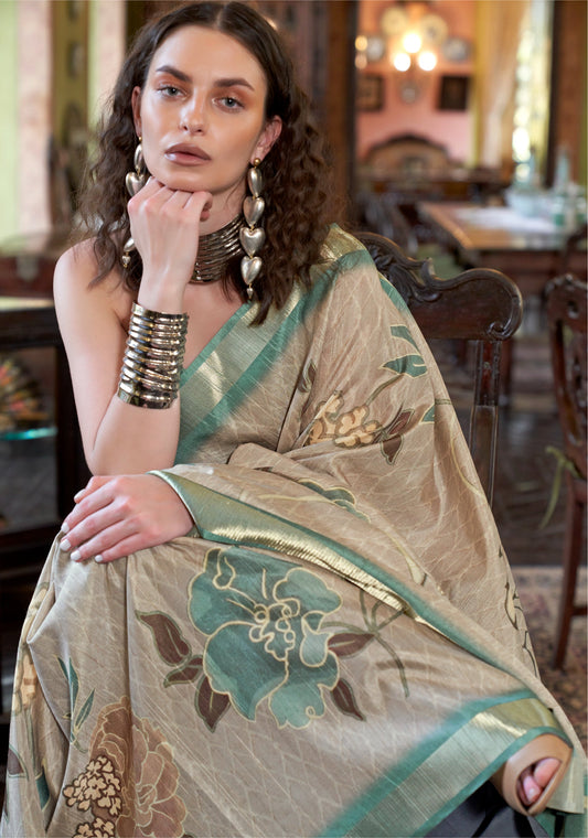 Dhiyona GR Women's Turquoise Blue & Grey Banarasi Digital Soft Silk Saree
