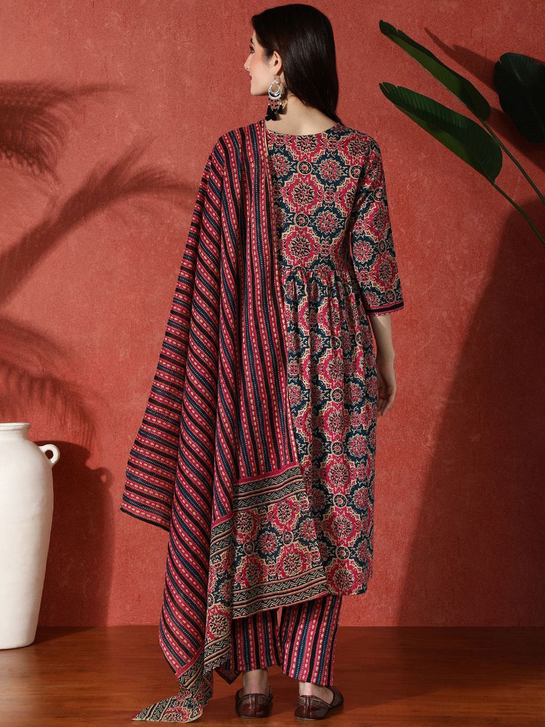 Dhiyona SN Women's Embroidered Pure Cotton A-Line Kurta & Trousers With Dupatta