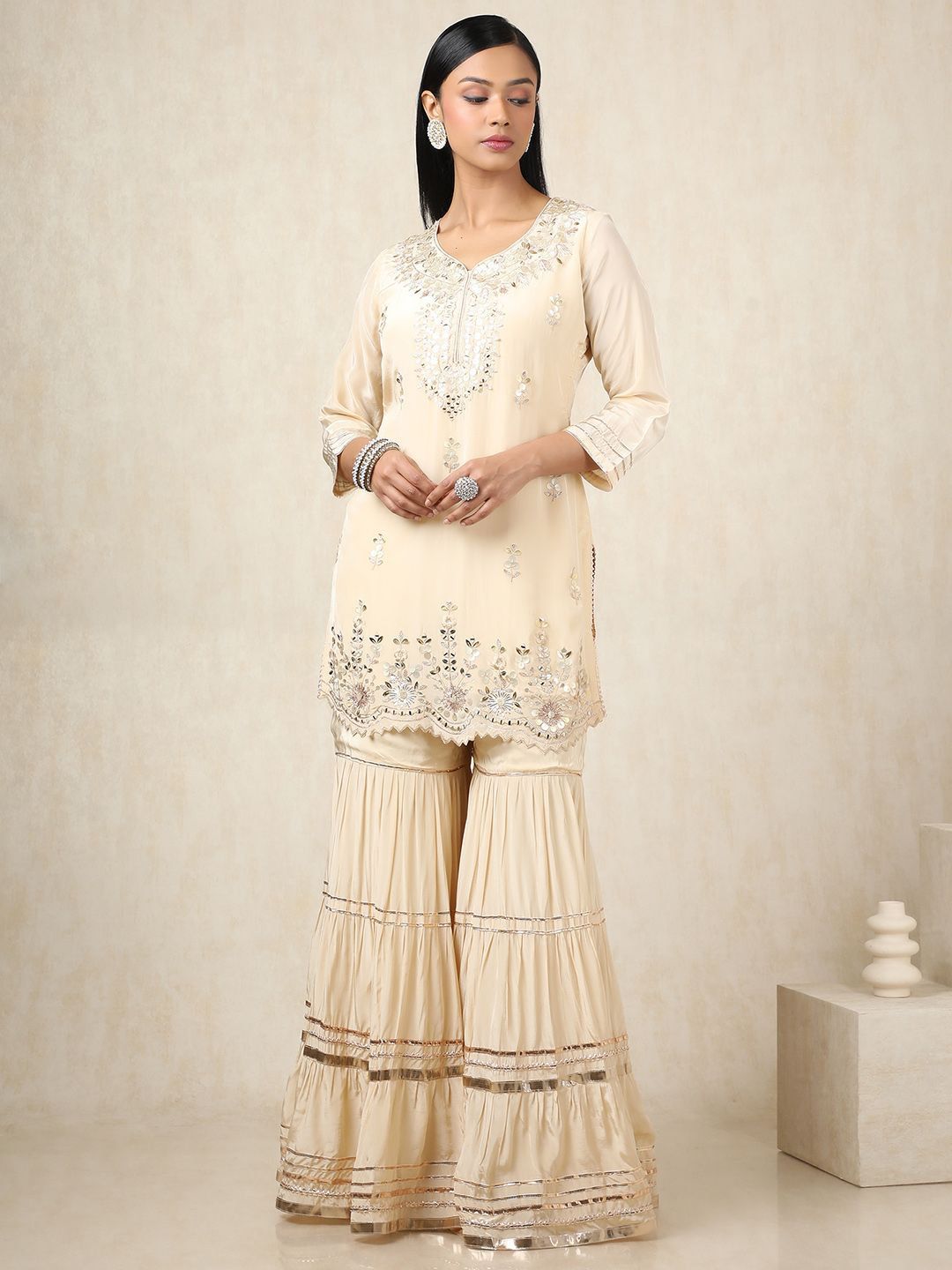 Dhiyona SO Women's Floral Embroidered Sequinned Straight Kurti With Sharara And Dupatta