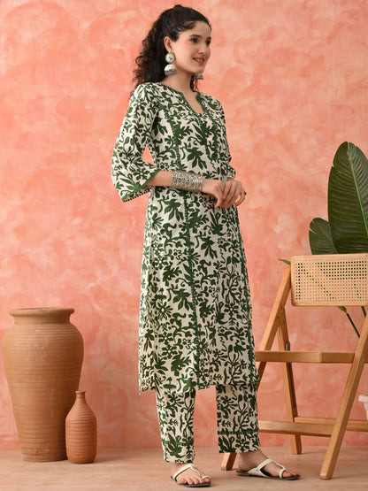 Dhiyona SN Women's Floral Printed Pure Cotton A-Line Kurta & Palazzo