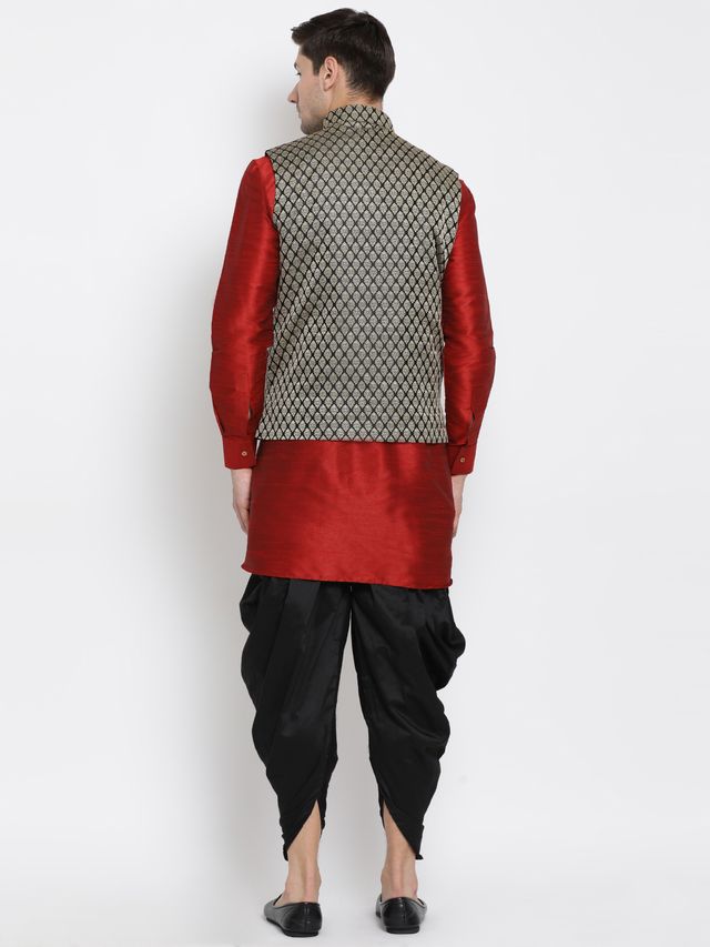 Men's Maroon Silk Blend Straight Jacket  Kurta and Dhoti Set