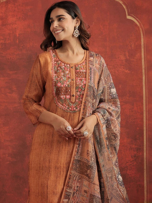 Ethnic Motifs Chanderi Cotton Round Neck Straight Kurta With Trousers & Dupatta