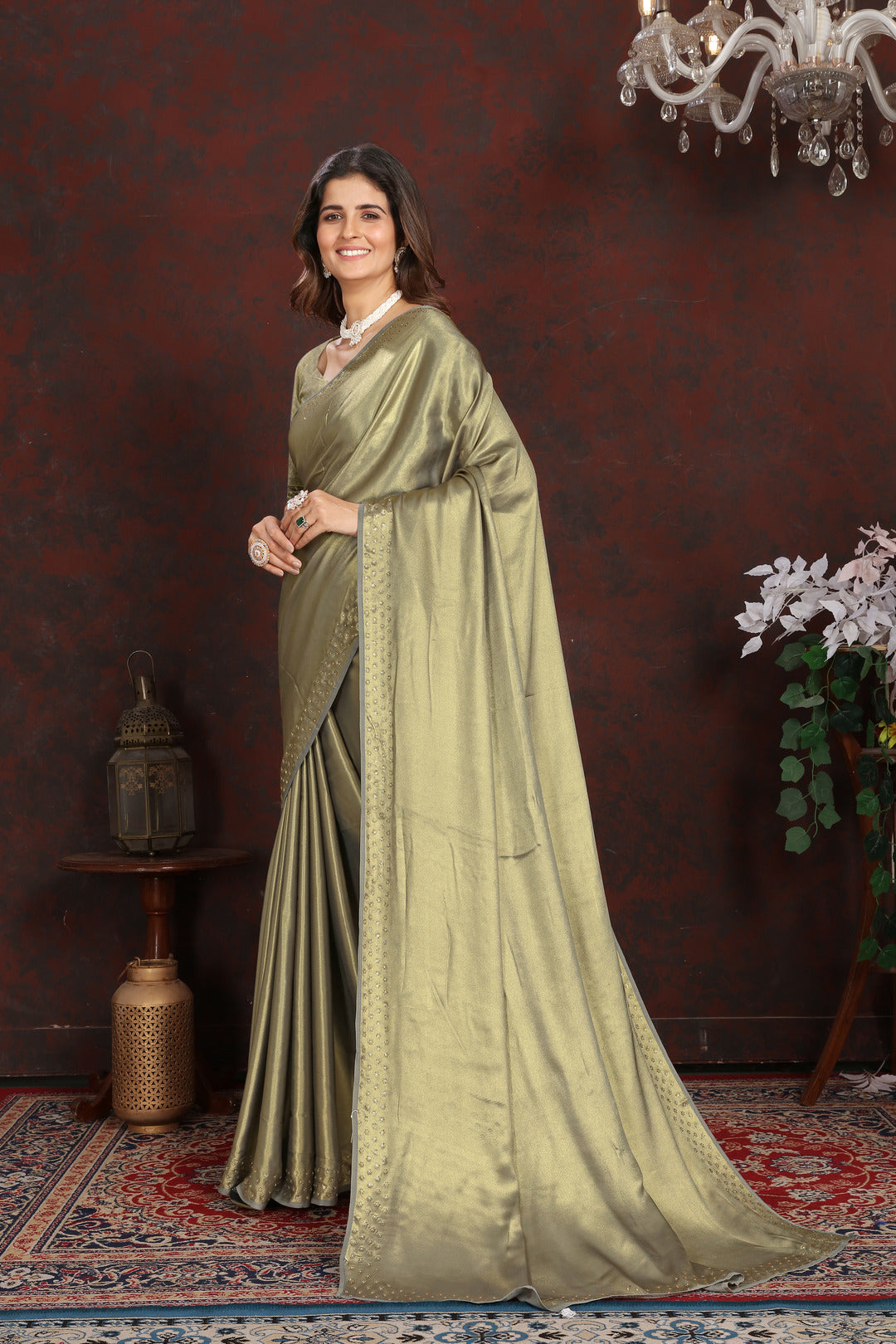 Dhiyona GR Women's Twilight Green Satin Silk Saree