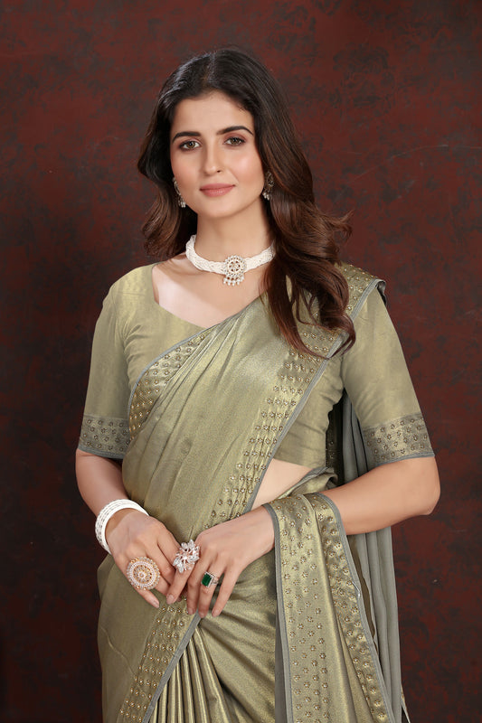 Dhiyona GR Women's Twilight Green Satin Silk Saree