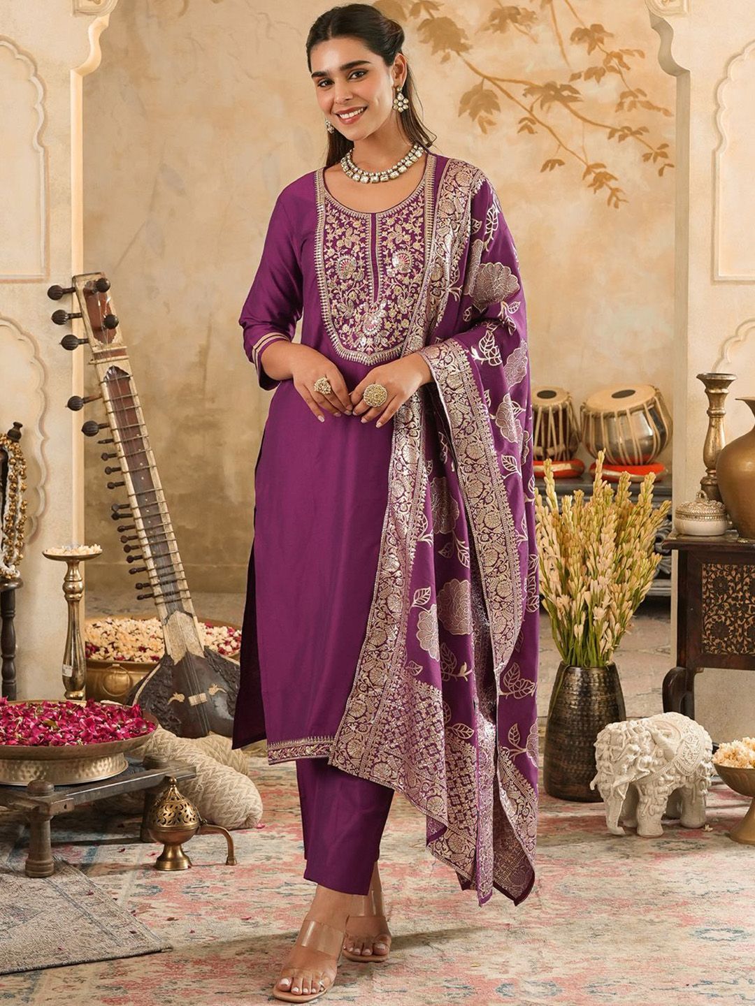 Ethnic Motifs Embroidered Sequinned Kurta With Trousers & Dupatta