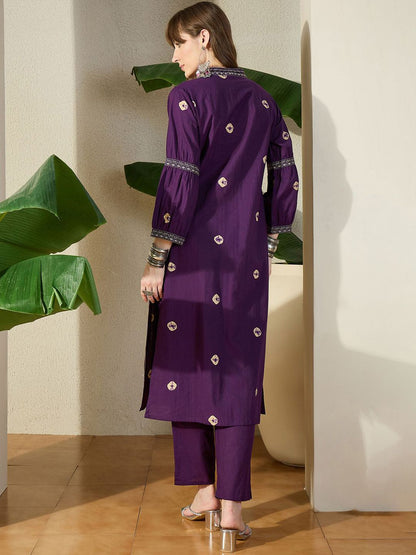 Dhiyona IE Ethnic Motifs Embroidered Pure Cotton V-Neck Tunic With Trousers