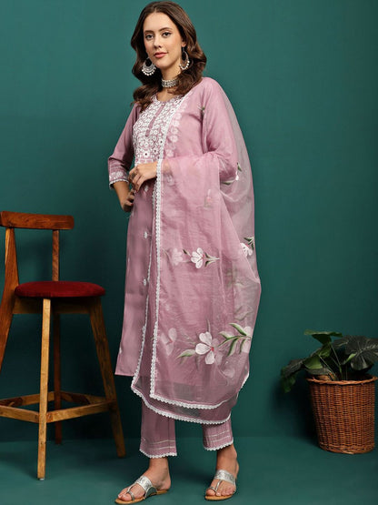 Dhiyona SN Women's Mauve Floral Embroidered Round Neck Mirror Work Kurta With Trouser & Dupatta